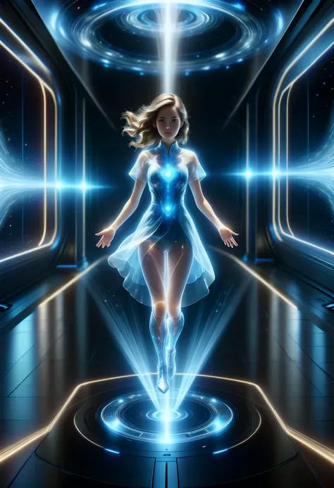 hyper detailed masterpiece, dynamic, awesome quality,hyperrealism,female teleporting entitie- surrounded by glimmering, swirling lights during teleportation, , DonMH010D15pl4yXL <lora:DonMH010D15pl4yXL-000008:1>