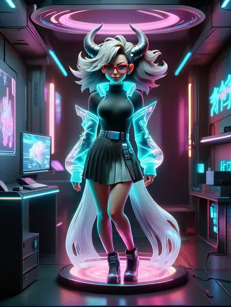 cyberpunk style, hyper detailed masterpiece, dynamic, awesome quality, a sexy 
lewd female demon with messy hair and demon horns, wearing glasses and a fitted full body clothing, mock neck, gravitational fabric,   long sleeves, floor-length, natural waist, pleated skirt, illusion back,,patch,,ice wash,,belt included, mocking smile, Perfect Hands, Perfect feet, solo, her holo image is displaying in a (DonMH010D15pl4yXL holographic display), in the cyberpunk style lovehotel bedroom with LED LHbedpanel, from low angle shot <lora:DonMH010D15pl4yXL:1> <lora:Perfect Hands v2:1> <lora:perfect feet:1>, neon, dystopian, futuristic, digital, vibrant, detailed, high contrast, reminiscent of cyberpunk genre