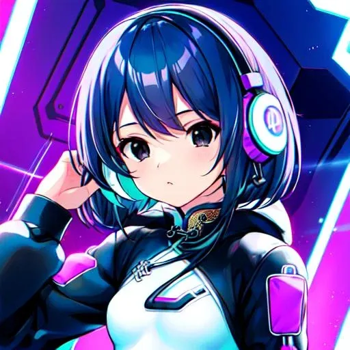 cute girl in cyberspace, headphones, solo focus, extremely detailed face,(official art:1.3),(best quality:1.2),(highres:1.2),(masterpiece:1.2),(extremely detailed girl:1.2),(sharp focus:1.2),(depth of field:1.2),(perfect lighting:1.2),(best quality:1.2),(god rays:1.2),(1girl:1.3),(small breasts:1.4),(((((black eyes))))), short hair, twintail, (violet aqua hair:1.3), (split color hair:1.3), neon lights, neon palate, synthwave line art, vaporware, cute, professional lighting, full body, (black hoodie:1.3), (white qipao:1.4), circuit vector art, circuit board background,