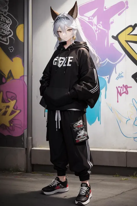 masterpiece, best quality, absurdres, perfect anatomy, 1girl, solo, Heles, long hair, urban and street style, graffiti-inspired colors, cool and edgy attire, baggy pants, oversized hoodie, stylish sneakers, fashionable accessories, hip hop jewelry, confident expression, graffiti walls, energetic and vibrant atmosphere