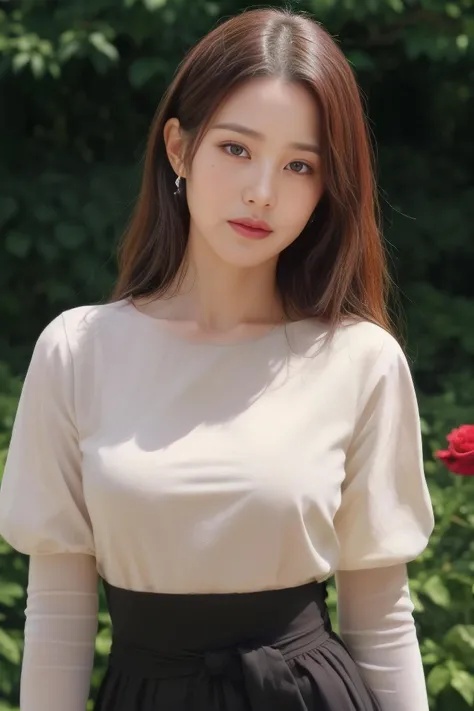 wyv1 a woman, (realistic), (hyperrealism), (photorealistic), depth of field, adult, (upper body:1.2), ((narrow waist:1.2)), eye makeup:0.5, looking at the viewer, portrait photo, black sleeved dress, at the rose garden, <lora:httpwonyv2:0.35>