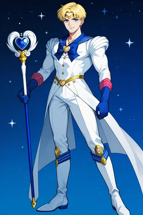 1boy, Alternative Sailor Moon, manly, blonde hair, blue eyes, circlet, smirk, blue sailor collar, boots, brooch, necklace with ruby pendant, closed mouth, crescent, crescent ear piercings, (silver short hair), hair ornament, heart brooch with, (blue bowtie), holding staff, white suit, knee boots, dark blue sailor pants, looking at viewer, magical boy, multicolored clothes, parted bangs, male sailor senshi uniform, solo, white footwear, dark blue gloves, starry night sky background, (shining moon:0.7), PonyXLV6_Scores, Warm Color Palette, Tones of Black in Background, Kodachrome, Ray Tracing Global Illumination, Contre-Jour, Beautiful Lighting, detailed gorgeous face, Elegant, Angelic, <lora:AltMoonPonyXL:1>