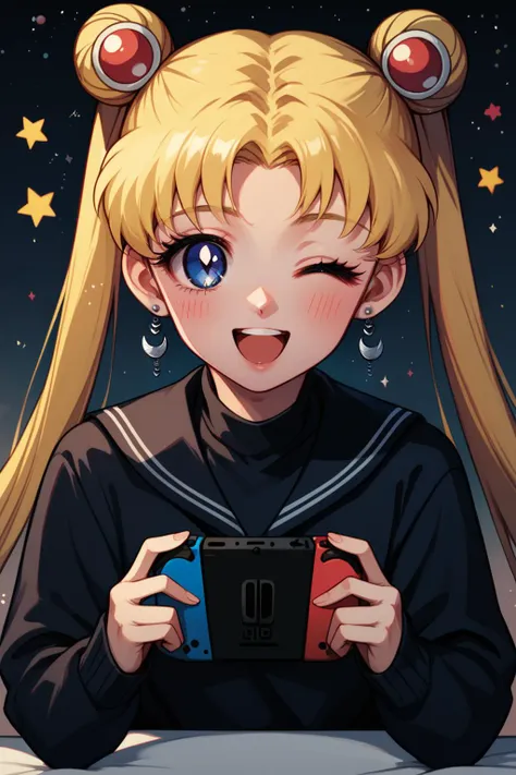 Alternative Sailor Moon, 1girl, ;d, bangs, black cat, blonde hair, blue eyes, blush, cat, crescent, crescent earrings, double bun, ear piercing, earrings, hair bun, hair ornament, handheld game console, heart, holding, holding handheld game console, jewelry, long hair, long sleeves, looking at viewer, nintendo switch, one eye closed, open mouth, parted bangs, piercing, smile, solo, star , (symbol), sweater, teeth, twintails, upper body, upper teeth only, PonyXLV6_Scores, <lora:AltMoonPonyXL:1>