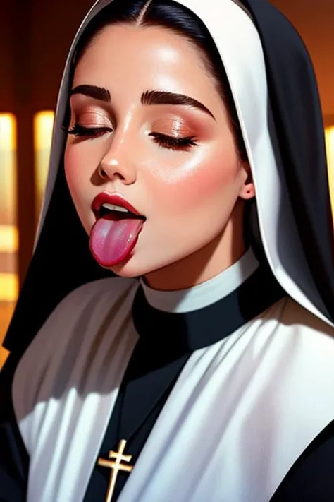 (awaitingtongue:1.2), photo of a young woman, closeup facial shot of a young nun in full body black and white (nun:1.3) robes (with her eyes closed:1.2) with short hair, National Gallery of Art Highlights, sunset, staring at the viewer, antview, bokeh, closeup of face, highly detailed, 8K, stunning, hdr, subsurface scattering, global illumination, film still, Film-like, bokeh, 3d, vivid color/golden hour/raytraced/warm colors, (caucasian woman), (perfect teeth)