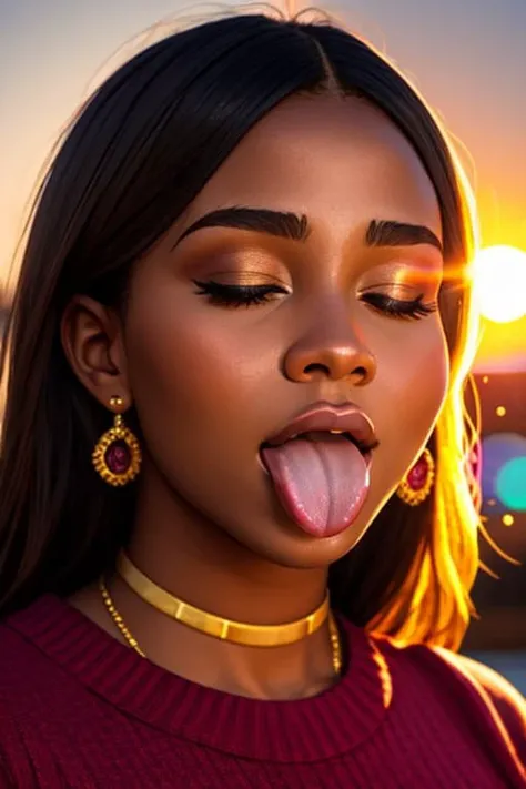 (awaitingtongue:1.2), photo of a young woman, closeup facial shot of a (cute young african black woman) (with her eyes closed:1.2) with short hair (wearing a sweater), National Gallery of Art Highlights, sunset, staring at the viewer, antview, bokeh, closeup of face, highly detailed, 8K, stunning, hdr, subsurface scattering, global illumination, film still, Film-like, bokeh, 3d, vivid color/golden hour/raytraced/warm colors, (ebony woman), (perfect teeth)