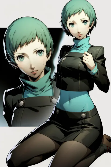 8k,best quality,ultra high res,front view,<lora:Fuuka_Fp:1>,fuukap3,school uniform,skirt,turtleneck,pantyhose,short hair,white background,small chests,<lora:persona 5 style:0.8>,scared,sweat,kneeling,