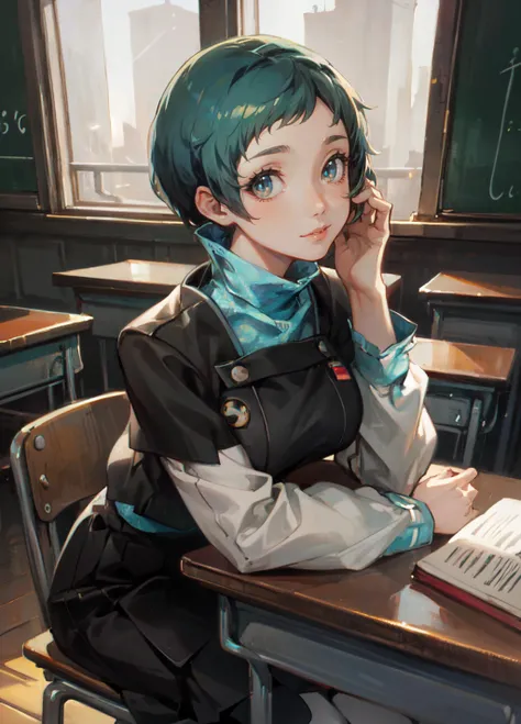(masterpiece, best quality, ultra detailed, beautiful illustration), (oil painting:1.4), atmospheric perspective, (urban atmosphere, elaborate atmosphere:1.4), depth of field, looking at viewer, beautiful detailed eyes, 1girl, (portrait, close-up:1.1), sexy pose, dynamic angle, shy smile, (large breasts), (indoors:1.5, school:1.5, classroom:1.5), <lora:Fuuka_Fp:1>, fuukap3, school uniform, skirt, turtleneck, pantyhose, short hair,