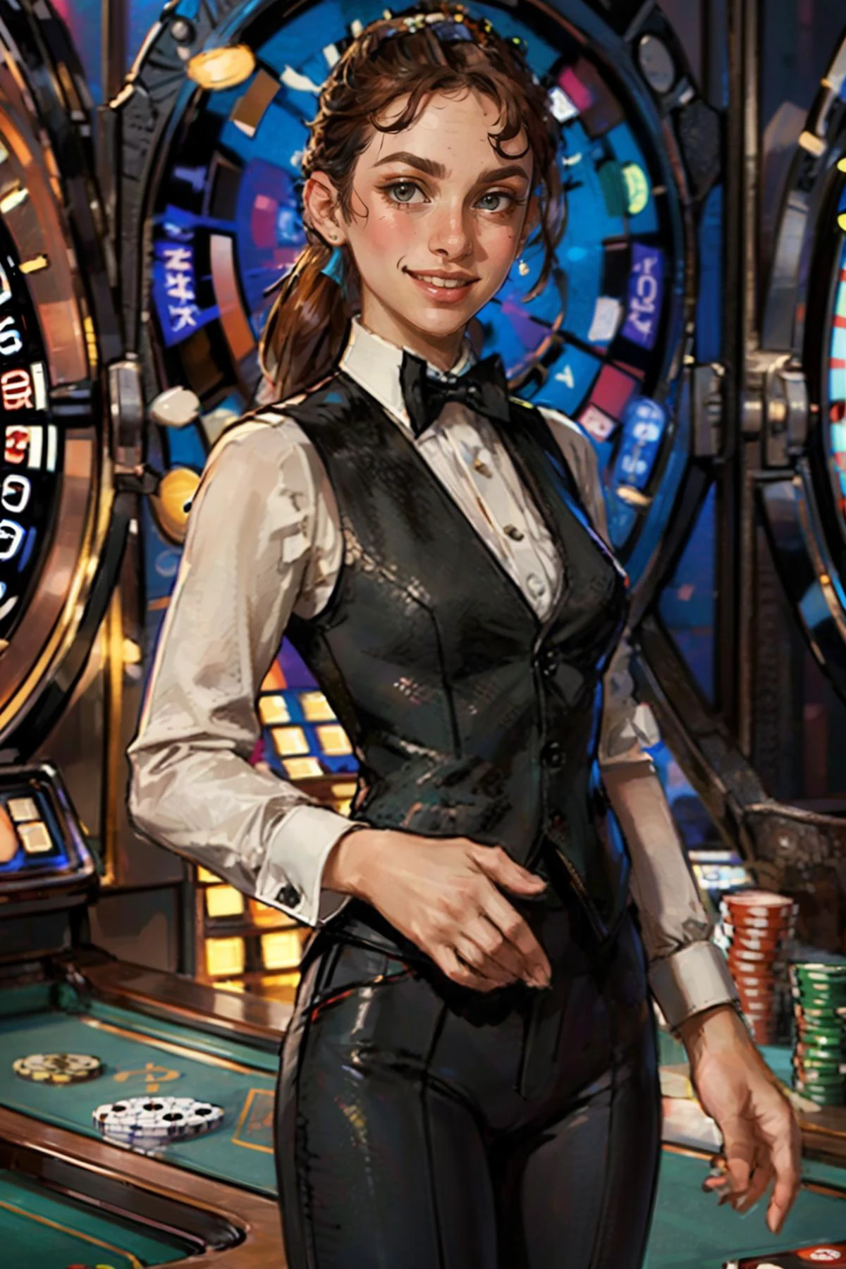 MillieSA, white shirt,black vest,black bowtie,black pants,ponytail,looking at viewer, smiling, medium shot, standing, behind table dealer, inside a casino, roulette table, neon lighting, high quality, masterpiece, <lora:MillieSA:.6>