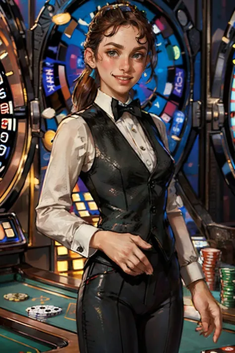 MillieSA, white shirt,black vest,black bowtie,black pants,ponytail,looking at viewer, smiling, medium shot, standing, behind table  dealer, inside a casino, roulette table, neon lighting, high quality, masterpiece, <lora:MillieSA:.6>