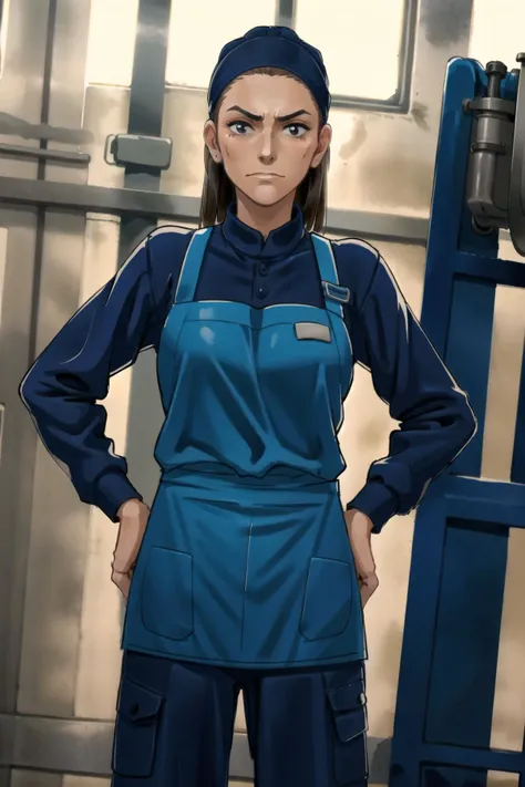 1girl,solo,michellesa,standing,scowling,wearing (blue boiler suit,blue jumpsuit,apron,long sleeves),indoors,in parking garage,dirt on clothes,cowboy shot,((no headwear)), <lora:MichelleSA:0.85>, <lora:skin_tone_slider_v1:1.2> <lora:LORA-XenoDetailer-v2:0.1>