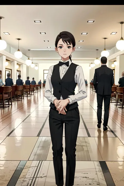 1girl,standing,facing viewer,looking at viewer,arms at sides,white shirt,black vest,black bowtie,black pants,leather shoes,milliesa,black hair,pontytail,in casino,luxurious style,indoors,<lora:MillieSA:0.7>,