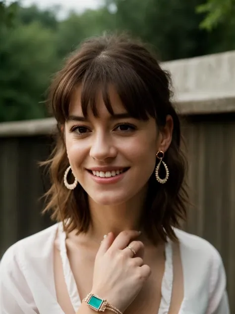 Realistic photo of a beautifuld41sy3dg4r woman,1girl,solo,smile,short hair,brown hair,shirt,brown eyes,jewelry,upper body,earrings,outdoors,teeth,medium hair,mole,grin,blurry,bracelet,lips,blurry background,ring,realistic,wristwatch, soft lighting, professional Photography, Photorealistic, detailed, RAW, analog, sharp focus, 8k, HD, high quality, masterpiece<lora:d41sy3dg4r:1.0>
