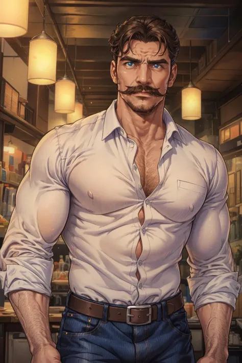 (mature man:1.3), solo, adult, brown short hair, blue eyes, moustache, white shirt, jeans, (high quality), (best quality), (detailed), perfect lighting, detailed face, detailed body, <lora:Moustacheman:0.8>