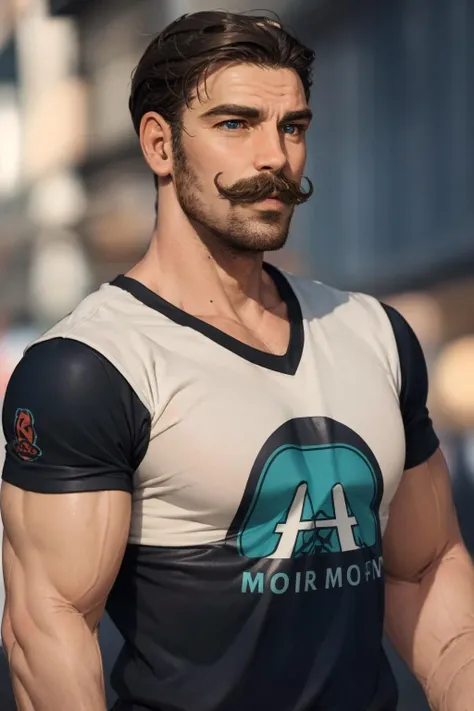 (mature man:1.3), solo, adult, brown short hair, blue eyes, moustache, black t-shirt, sports shorts, muscles, (high quality), (best quality), (detailed), perfect lighting, detailed face, detailed body, <lora:Moustacheman:1>