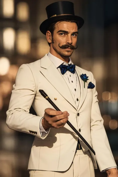 (mature man:1.3), solo, adult, brown short hair, blue eyes, moustache, White suit, top hat, cane, muscles, (high quality), (best quality), (detailed), perfect lighting, detailed face, detailed body, <lora:Moustacheman:1>
