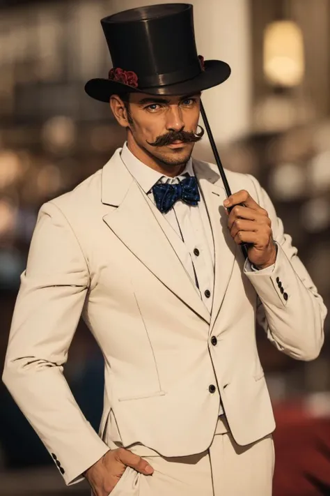 (mature man:1.3), solo, adult, brown short hair, blue eyes, moustache, White suit, top hat, cane, muscles, (high quality), (best quality), (detailed), perfect lighting, detailed face, detailed body, <lora:Moustacheman:1>