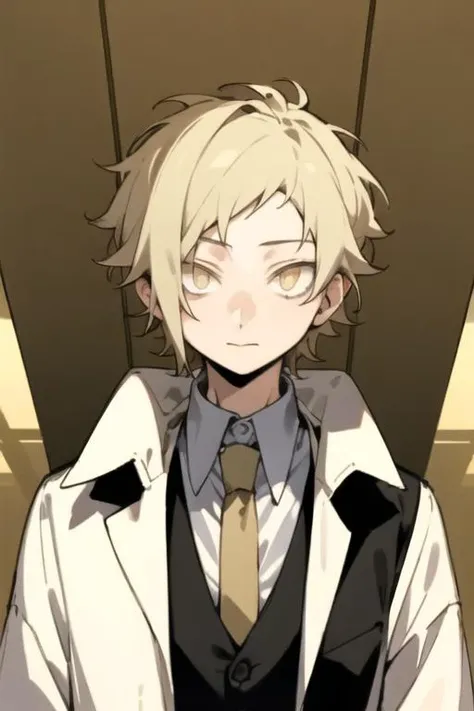 masterpiece, best quality, high quality, 1boy, solo, male focus, looking at viewer, upper body, <lora:shuuya_kano:0.76>, shuuya_kano, blonde hair, yellow eyes, formal, necktie, dress shirt