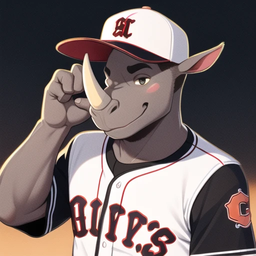 ((solo)), cartoony, wearing a baseball cap, animal, anthro, digital art, furryceros, rhinoceros, young , mascot <lora:furryceros:1>