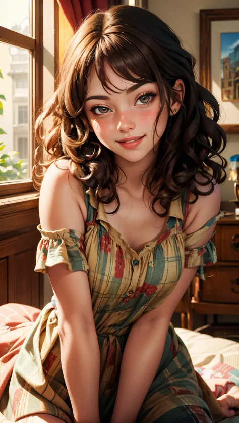 masterpiece, best quality, 1girl, messy hair, ((((curly hair))), brown hair, <lora:time_slider_v1:-2.8> <lora:weight_slider_v2:0.8>, indoors, light smile, <lora:epiCRealismHelper:1> <lora:epiCRealLife:1>, AnjelikaV2,