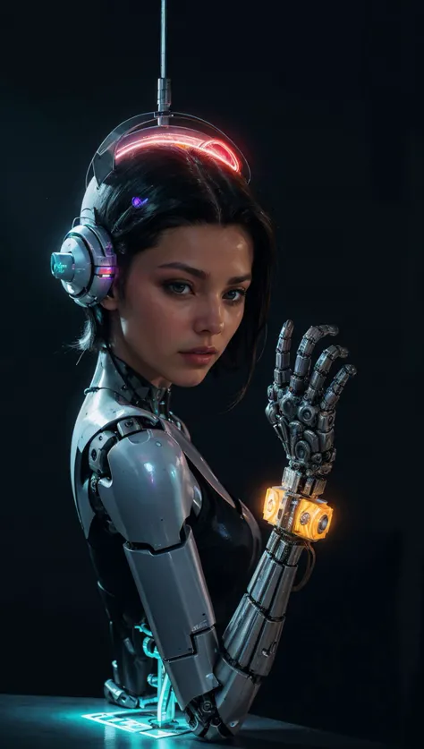 masterpiece, best quality, intricate detail, an awe-inspiring artwork in a retro-futuristic cyberpunk style. Imagine a girl with limbs of sleek cybernetic grace, her skin hosting a network of iridescent circuitry, <lora:epiCRealismHelper:1> <lora:epiCRealLife:1> <lora:THEPIT:0.6> thepit, robotic arms, robotic legs, glowing, low-key lighting, dimly lit, dark background,