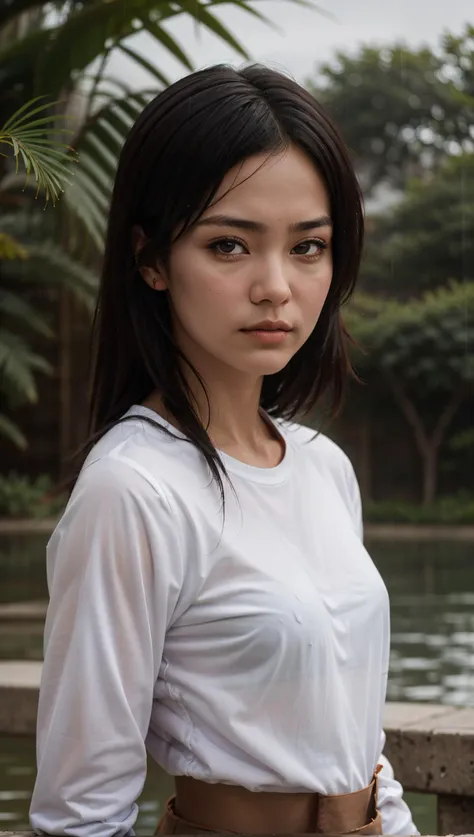 masterpiece, best quality, 1girl,  <lora:BruceLee:0.3>, upper body,  white shirt,  long sleeves, shirt tucked in,  portrait, <lora:epiCRealLife:1.2>, rain,