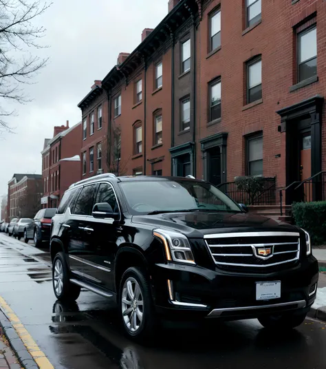 Streets of Boston, brick townhouses, brick roads, tiny narrow roads, cloudy, street lamps, one black Cadillac SUV on the road, headlights on, slightly foggy, HD, 4k, 8k, high quality, best quality, <lora:ReaPhoLoRA:0.8> Photograph <lora:epiCRealLife:0.8> , detailed car, detailed logo, detailed building, <lora:add_detail:0.8> <lora:epi_noiseoffset2:0.8>