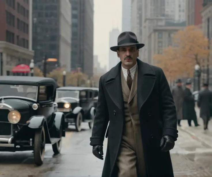1920s, Chicago,  1920s cars, 1920 chicago, Mafia Man wearing a long coat, windy, fall season, walking towards the viewer, looking down, HD, 4k, cinematic, masterpiece, high quality, best quality, highres,  <lora:epiCRealLife:0.8> <lora:epiCRealismHelper:0.8>