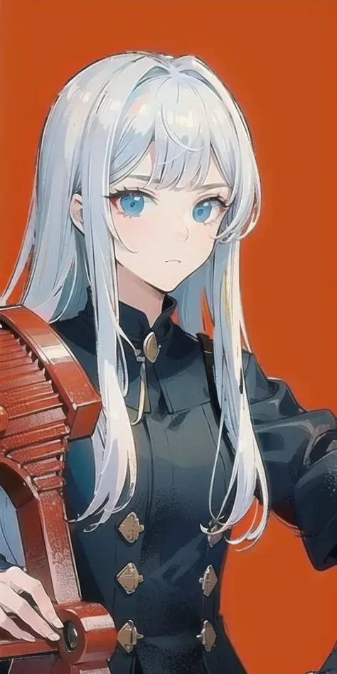masterpiece,best quality, one girl,white hair,long hair,judge,weapon,red background,