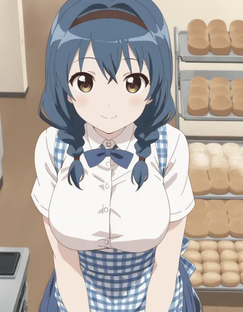 1girl,
<lora:furutanihimawariXL1:0.8>,furutanihimawari,
blue hair,twin braids, brown eyes, hairband,large breasts,
smile,
<lora:annamillerXLv2:0.8>,anna miller ,waitress,name tag,high-waist skirt,suspender skirt, orange apron,
restaurant,
masterpiece, best quality, ultra detailed, highres,4k,(ultra-detailed:1.4) (illustration:0.5), (ray tracing,:0.8),(anime colored:0.7),(ai-generated:0.5), (anime screencap:1.2),