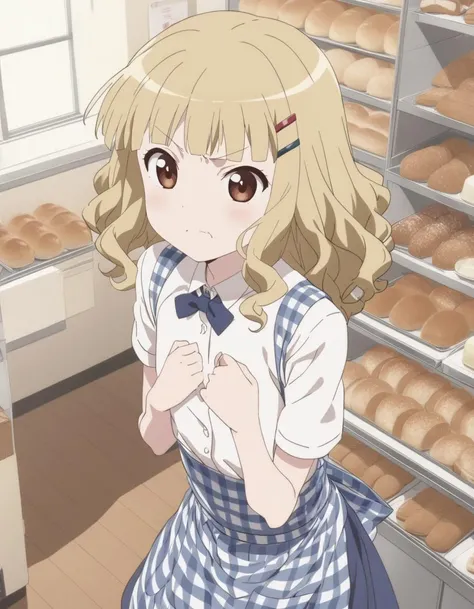1girl,
<lora:oomurosakurakoXL1:0.8>,oomurosakurako,
hairclip, brown eyes, blonde hair,(flat chest:1.2),
angry,
fold one's arms,
<lora:kobeyaXLv1:0.8>,kobeya uniform,blue skirt, blue neckwear, gingham apron, Bakery,
masterpiece, best quality, ultra detailed, highres,4k,(ultra-detailed:1.4) (illustration:0.5), (ray tracing,:0.8),(anime colored:0.7),(ai-generated:0.5), (anime screencap:1.2),