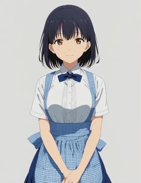 1girl, solo, blue skirt, blue neckwear, gingham apron, 
standing, light smile, own hands together on stomach, (isolated on white background, simple background:1.2)
anime coloring, anime screencap, megami magazine, masterpiece, best quality, <lora:kobeyaXLv1:0.8> kobeya uniform