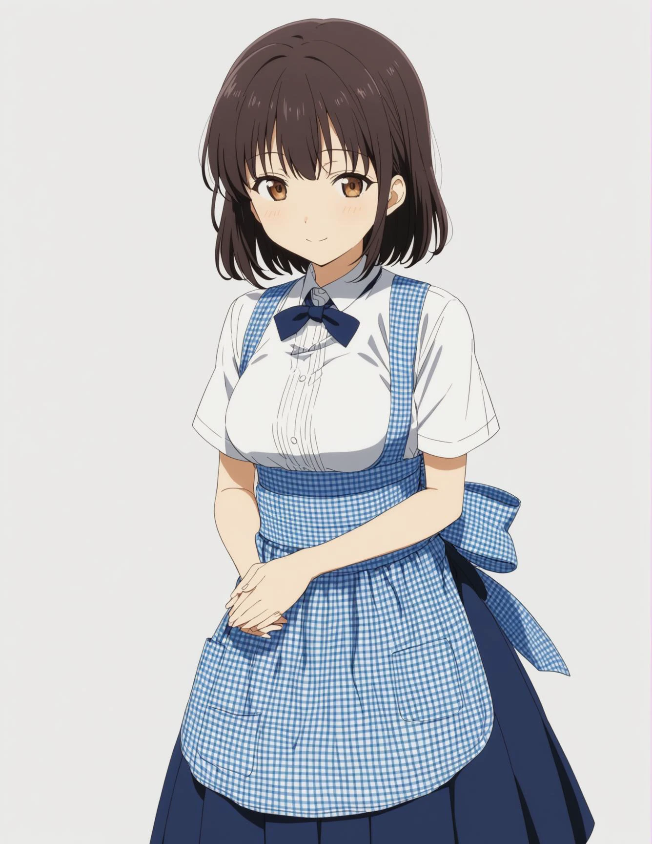 1girl, solo, blue skirt, blue neckwear, gingham apron,
standing, light smile, own hands together on stomach, (isolated on white background, simple background:1.2)
anime coloring, anime screencap, megami magazine, masterpiece, best quality, <lora:kobeyaXLv1:0.8> kobeya uniform