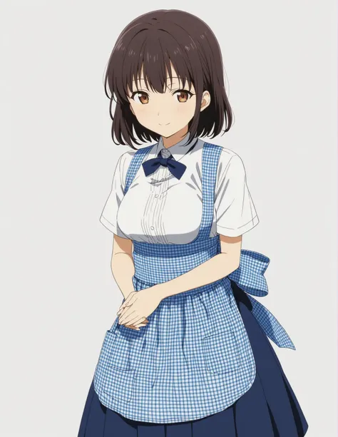 1girl, solo, blue skirt, blue neckwear, gingham apron, 
standing, light smile, own hands together on stomach, (isolated on white background, simple background:1.2)
anime coloring, anime screencap, megami magazine, masterpiece, best quality, <lora:kobeyaXLv1:0.8> kobeya uniform