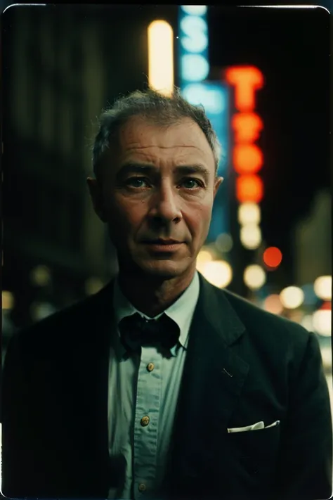 JRobertOppenheimer, (upper body), 1970s clothing, ((tintype)), smile, big eyes, doe-eyed, (analog, film, film grain:1.4), ((outside Studio 54, disco, night, gritty Manhattan street, hot, summer, sweaty, August)), smile:1.2, <lora:nighttime_v1:0.6>
