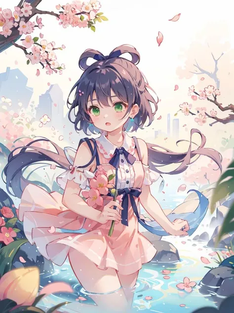 masterpiece,lty, 1girl, floating ribbon, (peach blossom), flowers, (flower) tree, Petals on water, floating Petals,<lora:luotianyi-000016:1>, green eyes