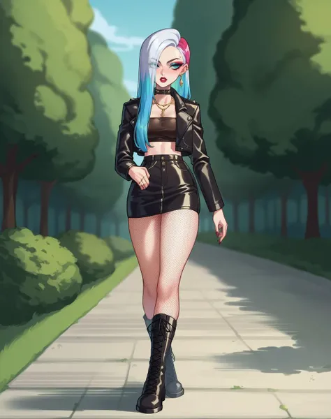 absurdres,high quality,score_9, score_8_up, score_7_up, score_6_up, score_5_up, score_4_up, BREAK source_anime,bottomless,rating_explicit,1girl,
edgAUG, long hair, leather jacket,miniskirt,boots,fishnet pantyhose, jewelry, multicolored hair, earrings, makeup, lipstick, walking
<lora:edgAUGPony:0.5>