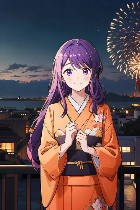 <lora:Kubo_San:0.7>,best quality, kubo_san, 1girl, yellow kimono,long purple hair, purple eyes, smile, blush,standing,  upper body, outdoors, cityscape, night, aerial fireworks, <lora:Kimono:0.6>