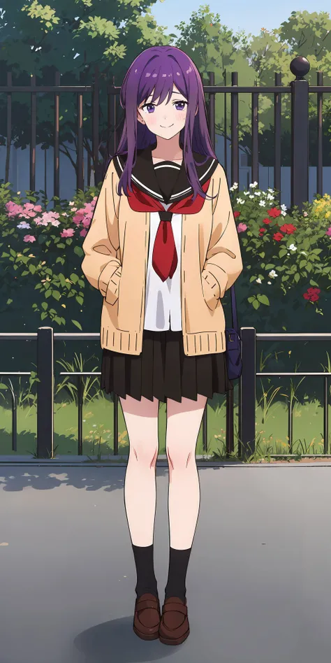<lora:Kubo_San:0.7>,best quality, kubo_san,1girl, white serafuku, black sailor collar, red neckerchief, yellow cardigan, long purple hair, purple eyes, smile, blush,((black school short skirt)), black socks, brown shoes, (looking at viewer), full body, outdoors, flowers ,park, lake, sunshine