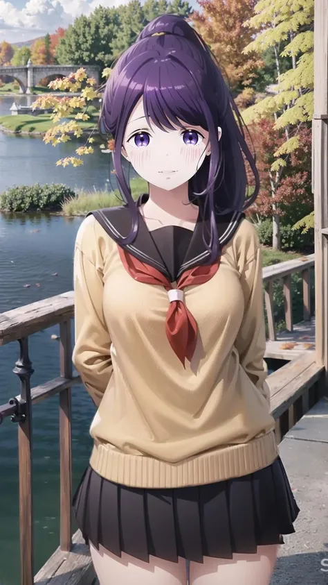 ((((masterpiece, best quality, ultra-detailed, (realistic clothes:1.4))))), outdoors, 1girl, solo, ((eye focus, looking at viewer, (long hair:1.4), (ponytail:1.1), (dark purple hair color:1.2), (slightly purple black color eyes:1.4), star eyes, beautiful detailed eyes, (detailed face), (((smile:0.2))), closing eyes a little because of happiness)), (medium breasts, thick thighs), (perfect anatomy:1.1), ((thigh up body part:1.2), (((wearing a sailor uniform with light brown color outside pair with short black color skirt:1.4))), ((standing at the bridge with lake view behind in autumn where you can see lots of tree leaves starting to fall and the autumn atmosphere is so felt:1.4), highly detailed background, (falling petals:1.2)), (stylized), critical angle, (cowboy shot:1.2), fcPortrait, <lora:Kubo_San_32:1>