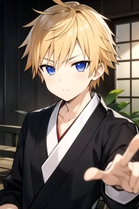 masterpiece, best quality, movie still, 1boy, solo, male focus, looking at viewer, upper body, depth of field, , , <lora:banri_watanuki:0.68>, banri_watanuki, blonde hair, blue eyes, , , feudal japan,