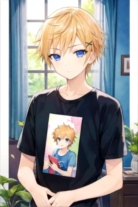 masterpiece, best quality, illustration, 1boy, solo, male focus, looking at viewer, upper body, , (watercolor illustration, soft pastel colors:1.1), , <lora:banri_watanuki:0.68>, banri_watanuki, blonde hair, blue eyes, crew neck t-shirt, , , Blu-ray