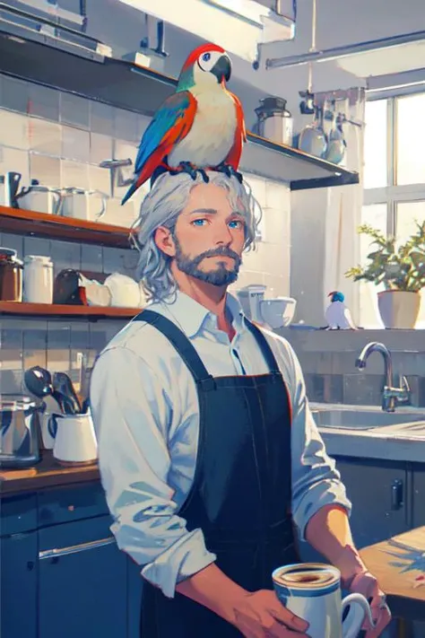 oil painting \(medium\), (best quality, masterpiece:1.3), finely detailed eyes and detailed face,
solo mature male, tall muscular guy, shirt, coffee machine,parrot sit on his head,
silver hair, blue eyes, silver facial hair,
kitchen, <lora:Healing:0.8>