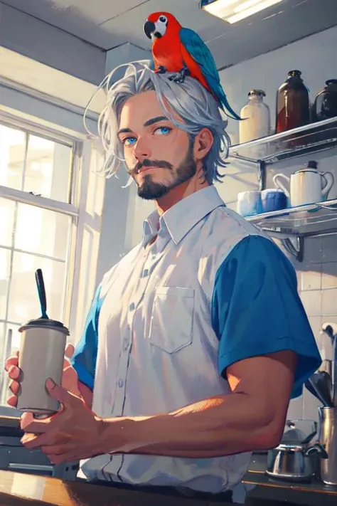 oil painting \(medium\), (best quality, masterpiece:1.3), finely detailed eyes and detailed face,
solo mature male, tall muscular guy, shirt, coffee machine,parrot sit on his head,
silver hair, blue eyes, silver facial hair,
kitchen, <lora:Healing:0.7>