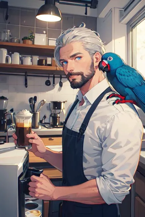 illustration, (best quality, masterpiece:1.3), finely detailed eyes and detailed face,
solo mature male, tall muscular guy, shirt, coffee machine,parrot sit on the shoulder,
silver hair, blue eyes, silver facial hair,
kitchen, <lora:Healing:0.5>