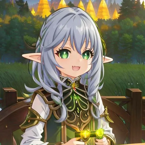 masterpiece, best quality, ultra-detailed, illustration, epic lighting, cinematic composition, anime, 2d, 1girl, cute, young, long gray hair, solo, happy, open mouth, smile, :3, fangs, looking at viewer, fantasy, forest, (8k:1.1), nahida, elf, green eyes, <lora:nahidaGenshinImpact_V10:1>