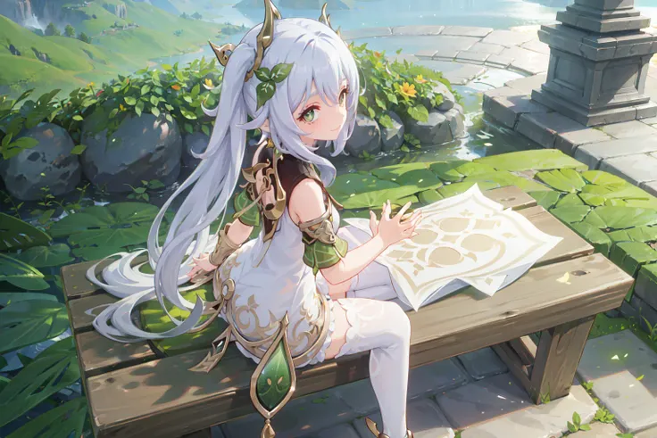 1 girl, solo, highres, masterpiece,best quality, extremely detailed, perfect lighting, sunny, light tracing, detailed beautiful face, looking at viewer, white dress, see-through, thights, bare shoulders, smile, white bloomers, soft shadow, sitting, high heels, white thighhighs, from above, from behind, feet out of frame, <lora:nahidaGenshinImpactV2:0.45>, nahida \(genshin impact\),