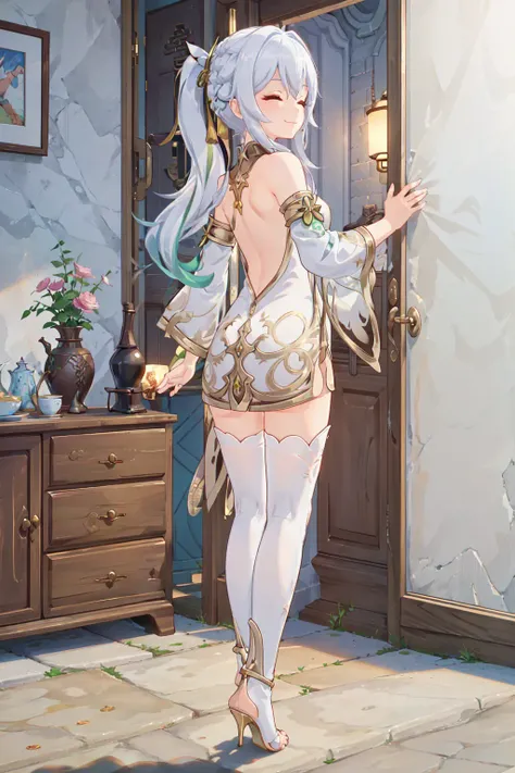 masterpiece, best quality, perfect lighting, light tracing,
full body, from behind,
1girl, solo, 
((china dress)), high heels, thighhighs, detached sleeves, long sleeves, ((backless outfit)),  
looking at viewer, smile, closed eyes, streaked hair, white hair, green hair, side ponytail,
nahida \(genshin impact\), <lora:nahidaGenshinImpactV2:0.45>