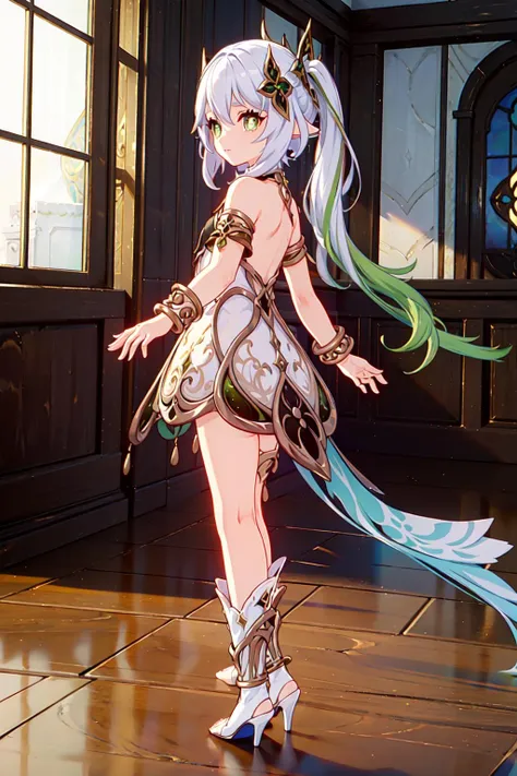 highres, masterpiece,best quality, 4k, extremely detailed,
1girl, solo, nahida \(genshin impact\), full body, from behind,
backless outfit, highleg, hair ornament, high heels, thighhighs, bracelet, anklet,
detailed beautiful face, looking at viewer, cross-shaped pupils,
<lyco:nahidaGenshinImpactV3-LyCORIS:unet=0.7:te=1>