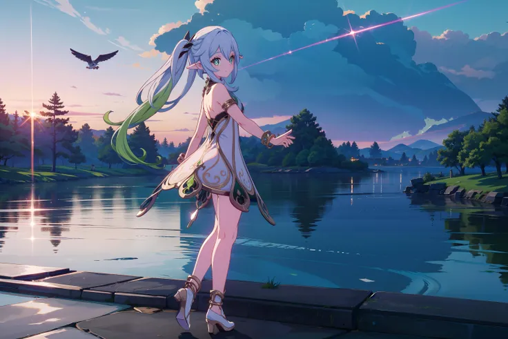 highres, masterpiece,best quality, 4k, extremely detailed, perfect lighting, lens flare,
sunset, lake, cloudy sky, ballerina,
1girl, solo, nahida \(genshin impact\), from behind, full body,
dancing,
cute dress, organza lace, see-through, backless outfit, high heels, bracelet, anklet, long hair, (hair spread out:1.5), multicolored hair, white hair, green hair,
detailed beautiful face, looking back, looking at viewer, light smile, cross-shaped pupils, pointy ears,
<lyco:nahidaGenshinImpactV3-LyCORIS:unet=0.5:te=0.7>