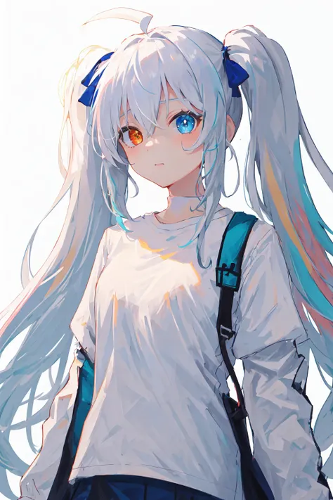 (best quality, masterpiece), 1girl, (female focus), ahoge, white blue hair, ((white shirt), (overfit shrit)), long hair, standing, twintails, long hair, [[mild heterochromia]], white background